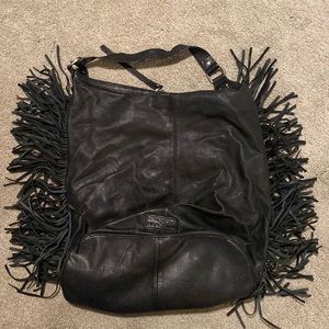 Kenneth Cole Reaction Black Leather Fringe Hobo Purse